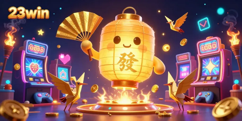 Engage with 23win's vibrant online casino scene featuring colorful slot machines and dynamic characters.