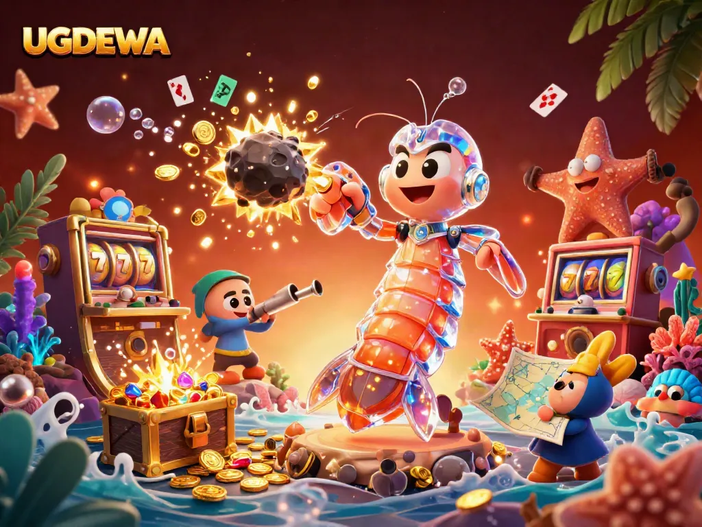 Experience thrilling gameplay with UGDEWA's dynamic gaming scene featuring vibrant characters and slot machines.