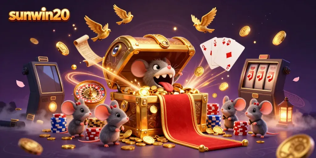 Experience the thrill with sunwin20 at a vibrant casino scene featuring a treasure chest and flying coins.