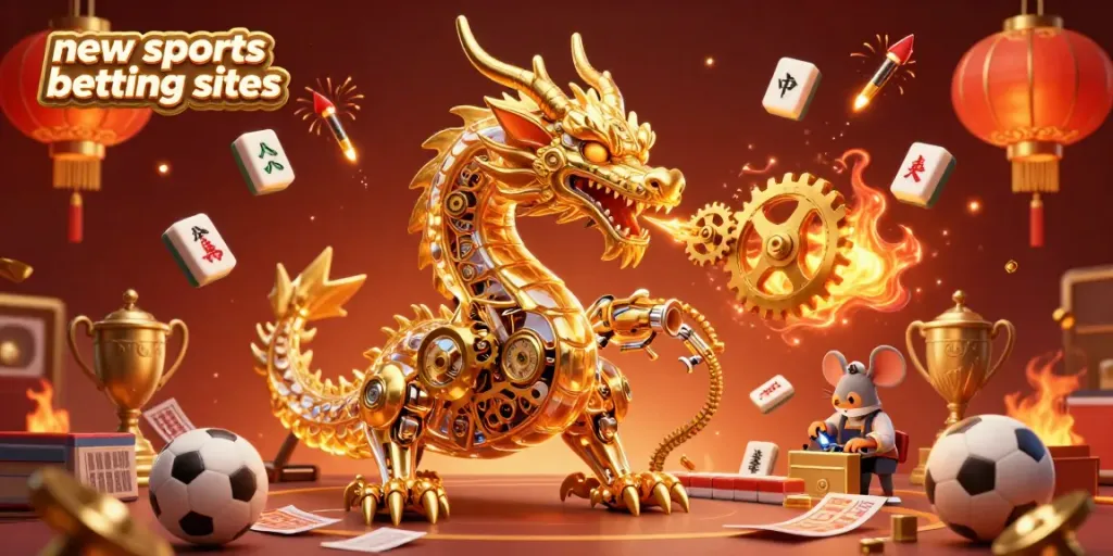 Experience new sports betting sites with a dynamic 3D golden dragon amidst gambling elements and glowing lanterns.