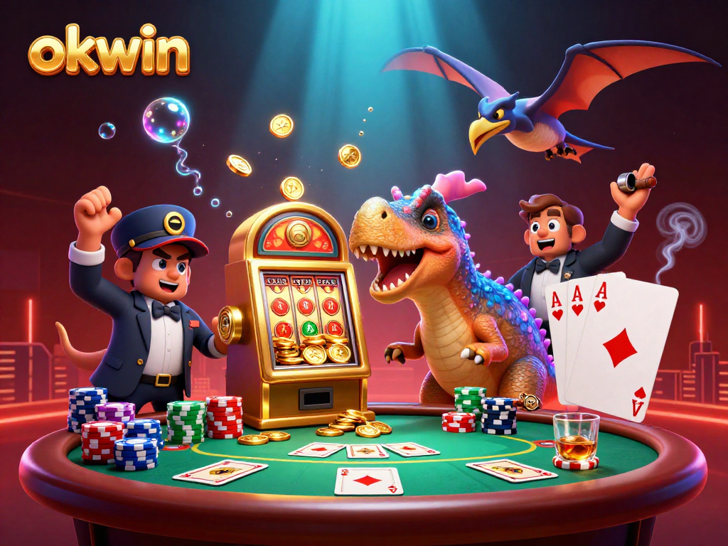 Watch okwin's pachycephalosaurus win jackpots by headbutting the slot machine in a lively casino scene.
