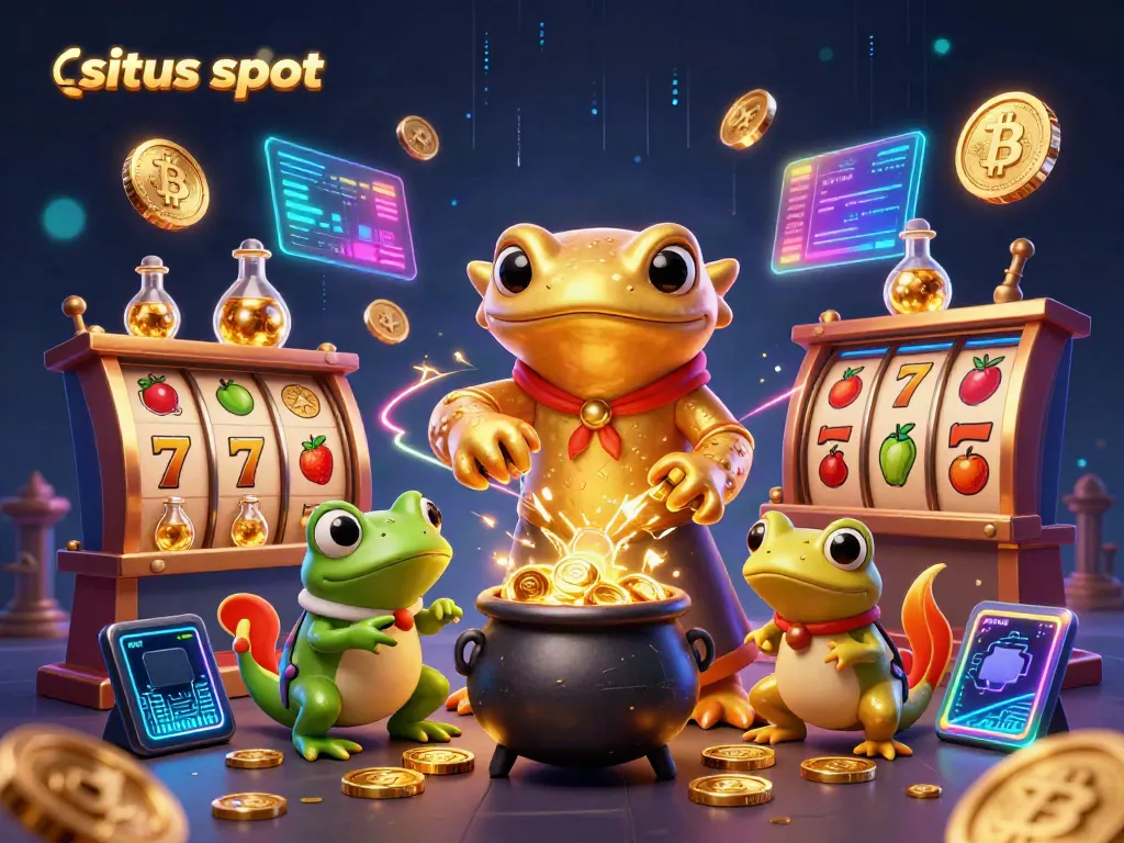 Gambarkan situs slot dengan salamander alkemis mengubah logam menjadi koin emas, dikelilingi simbol slot dan koin kripto.