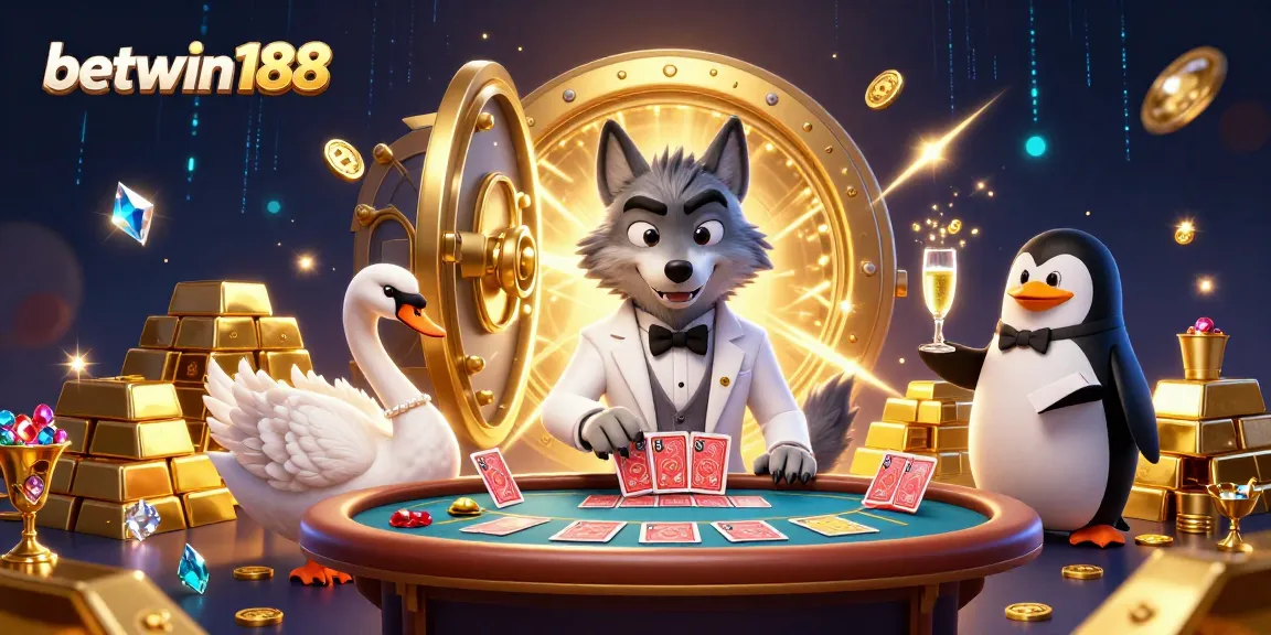 Engage with betwin188 through a vibrant 3D casino scene featuring animated characters and dazzling game elements.