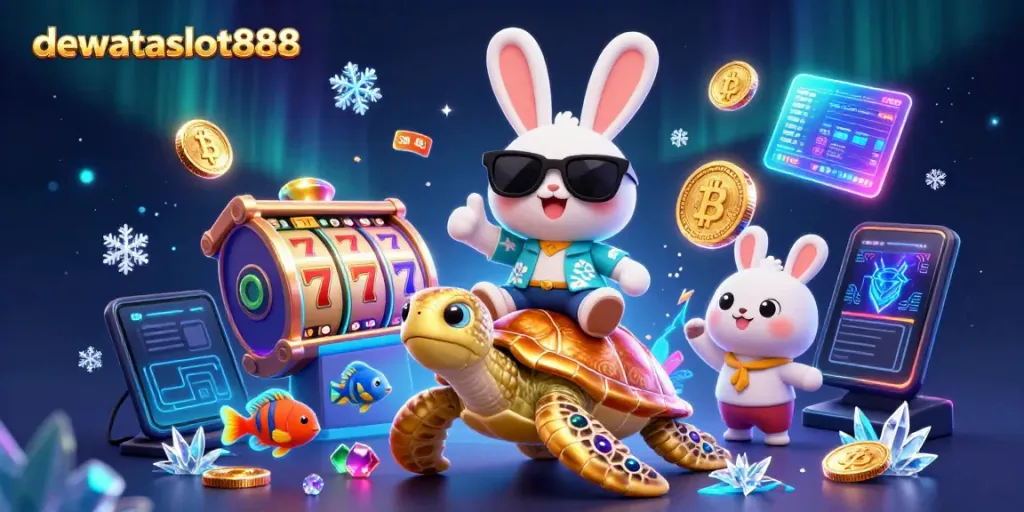 Mainkan slot online dengan dewataslot888, kartu NFT, dan koin kripto di dalam ilustrasi yang menyenangkan.
