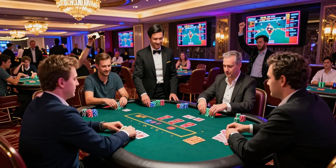 Experience the excitement at Online Casinos: The Green Road to Big Winnings with players enjoying a vibrant poker scene.