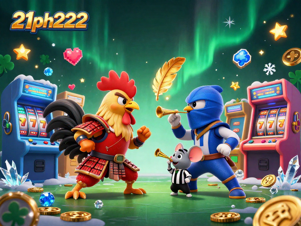 21ph222 showcases an intense clash between roosters in samurai and ninja gear amid vibrant slot game elements.
