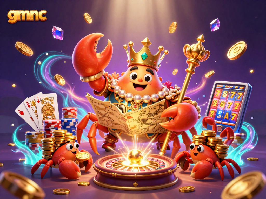 Experience thrilling gameplay with gmnc's vibrant golden crab emperor amid cascading casino elements.