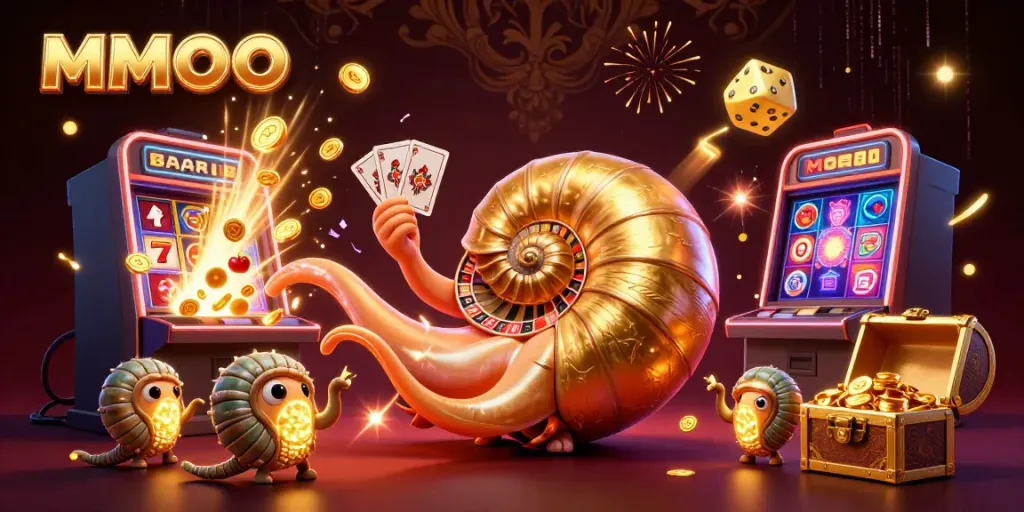Experience the excitement of MMOO with a vibrant casino scene featuring a playful nautilus and dynamic gaming elements.