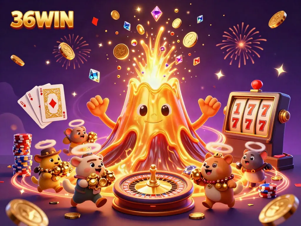 Experience the animated excitement of casino treasures with 36WIN's golden volcano erupting coins.
