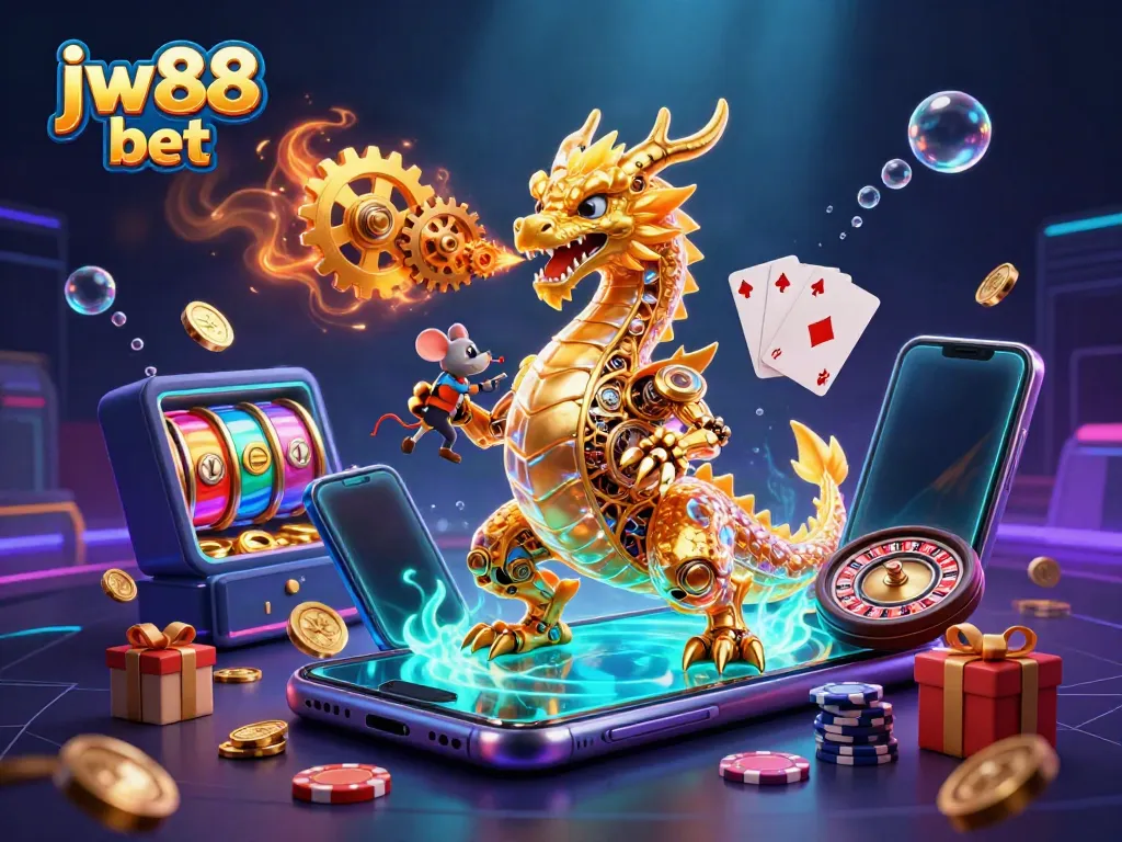 Experience the excitement of jw88 bet with a biomechanical dragon and vibrant casino elements.