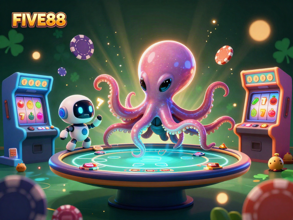 Experience thrilling gameplay with FIVE88 in this vibrant casino scene featuring an alien octopus at a poker table.