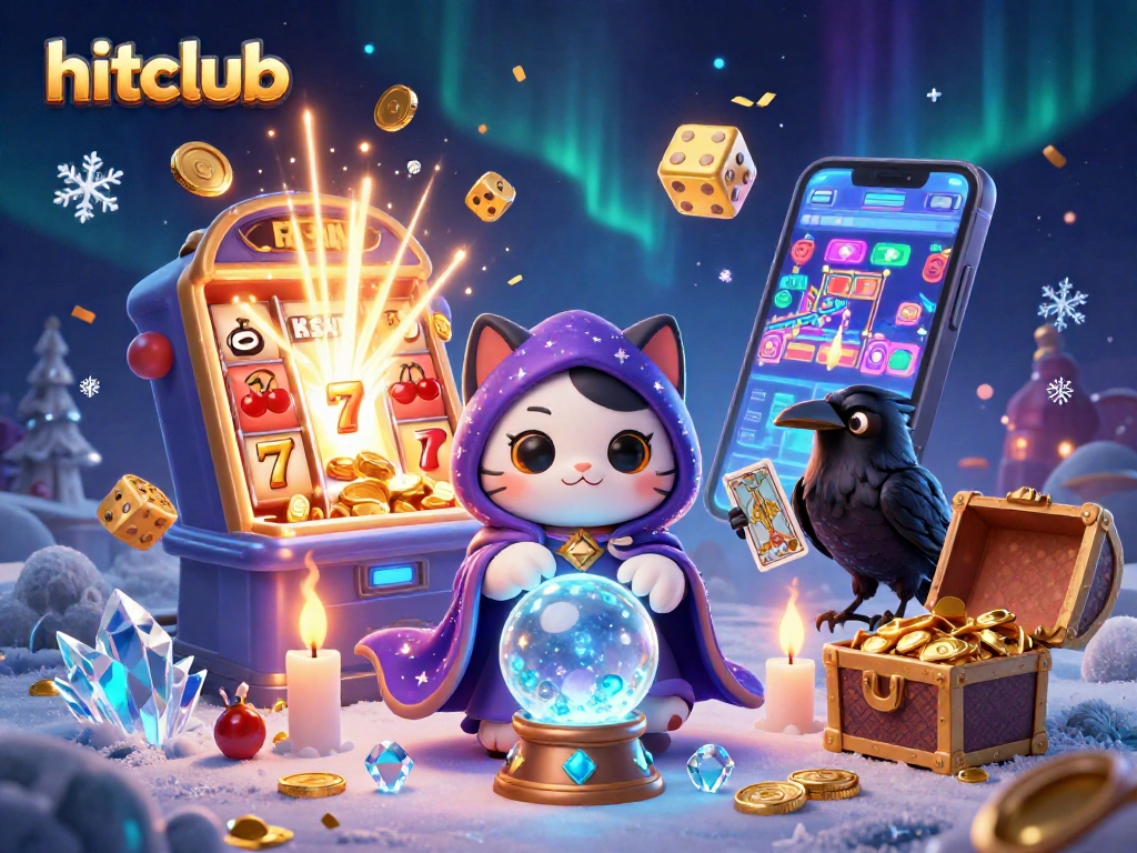 Experience hitclub's mystical casino world with a fortune teller cat and raven amid vibrant gaming elements.