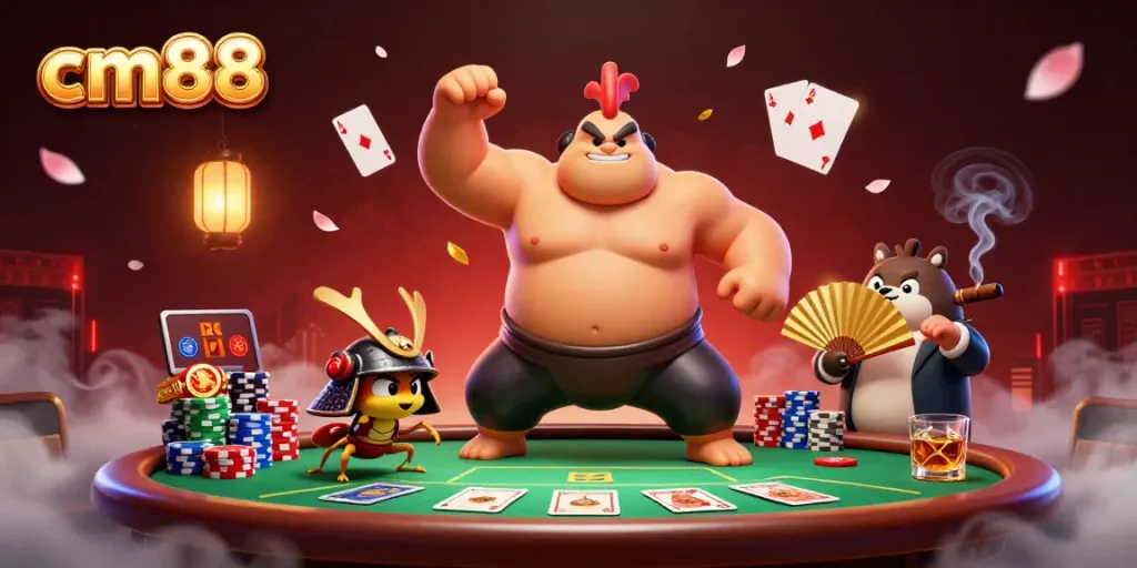 Experience the thrill of gambling with cm88, featuring a powerful sumo wrestler rooster and intense poker elements.