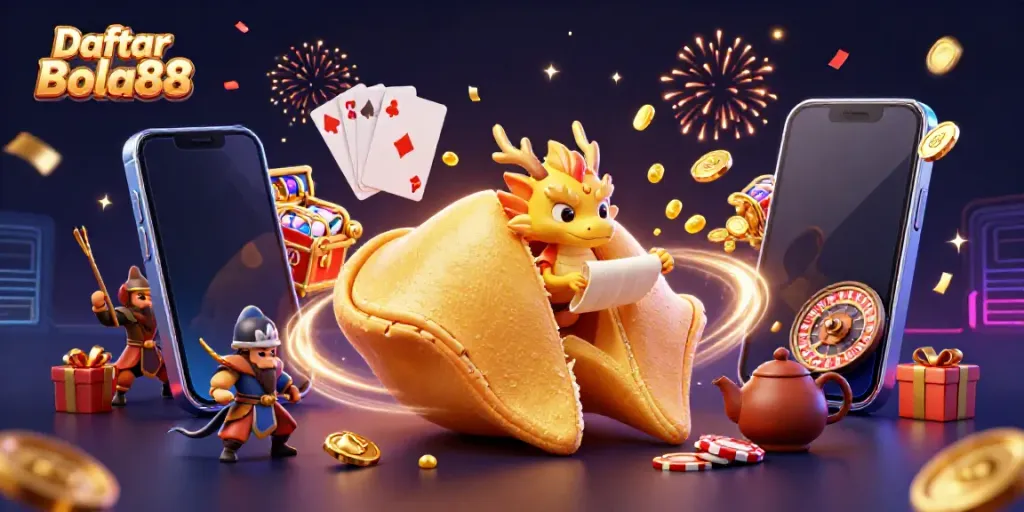 Engage with Daftar Bola88 through a whimsical 3D illustration of a golden fortune cookie revealing a wise dragon and dynamic casino elements.