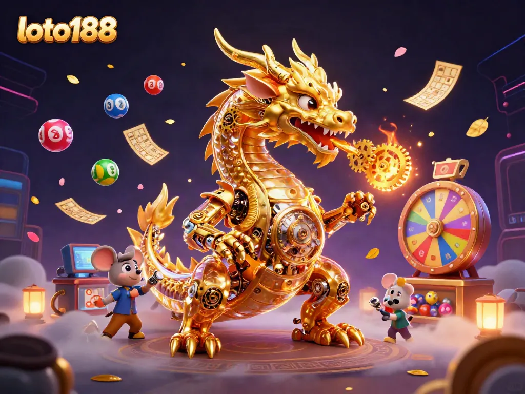 Engage in thrilling games at loto188 with a dazzling scene featuring a golden dragon and vibrant lottery elements.