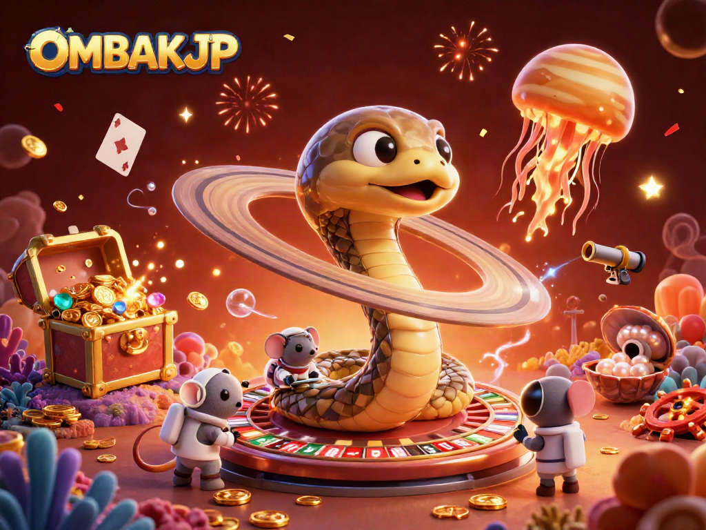 Experience the excitement of OMBAKJP with engaging cosmic casino elements and animated characters.
