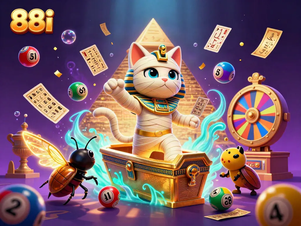 Experience thrilling 88i gaming with the vibrant pyramid casino scene featuring a mummy cat and golden lottery elements.