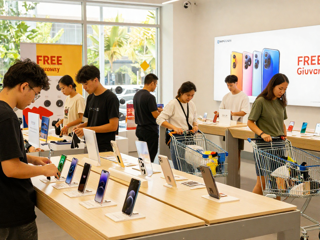 Free giveaways at MPOCASH's vibrant shopping scene showcasing tech gadgets.