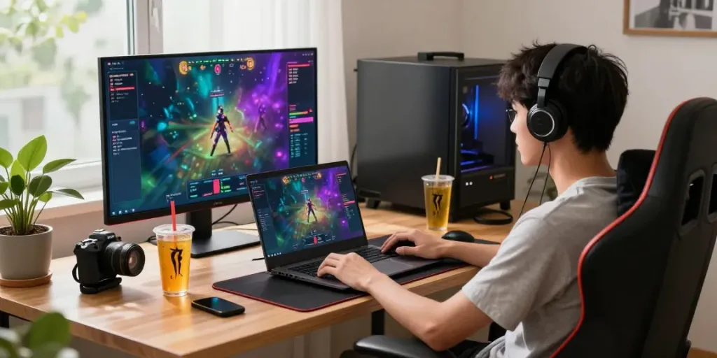Engaged player enjoying toto togel in a modern gaming setup with vibrant visuals and a cozy atmosphere.