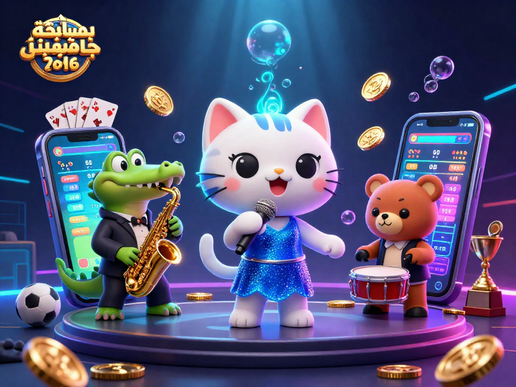 Engage in مسابقه پیش بینی جام جهانی ۲۰۲۶ with a dynamic casino-themed illustration featuring lively characters and game elements.