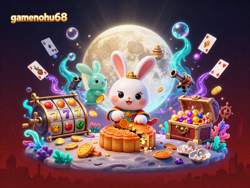 Play slots inspired by gamenohu68 with 3D moon rabbit characters amid vibrant casino elements