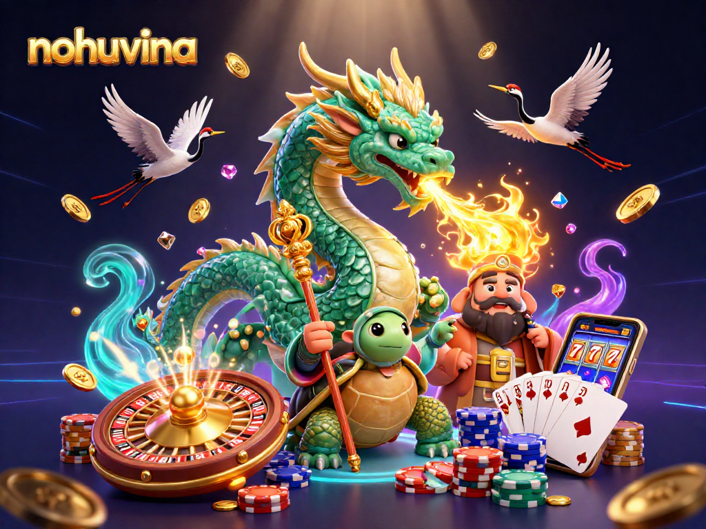 Nohuvina showcases a vibrant dragon and turtle in an action-packed casino scene filled with lucky symbols.