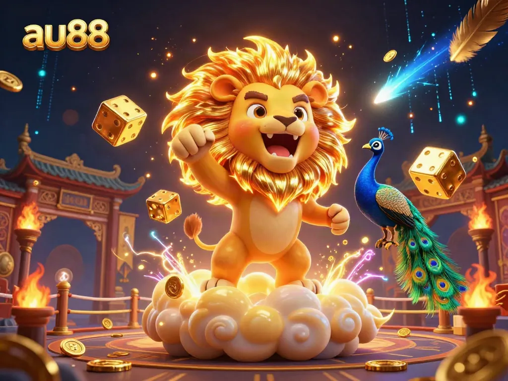 Engaging 3D illustration of au88 highlighting casino elements with a sun lion, golden dice, and vibrant energy.