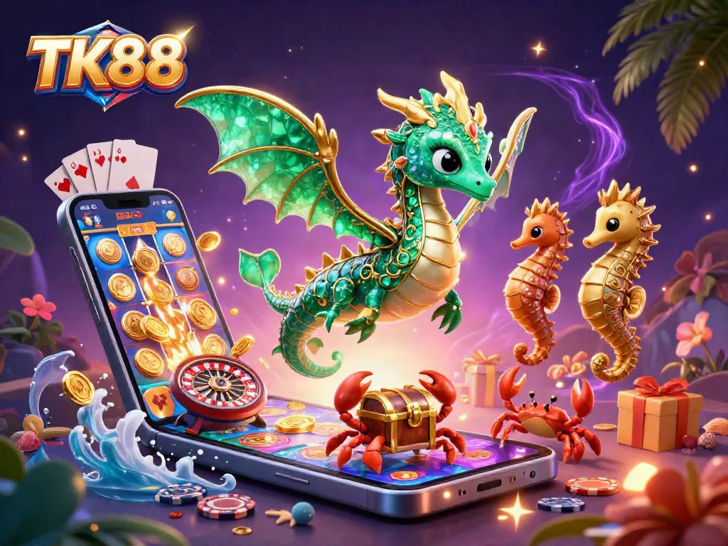 Engage with TK88's colorful slot games featuring a majestic sea dragon and treasure hunt.