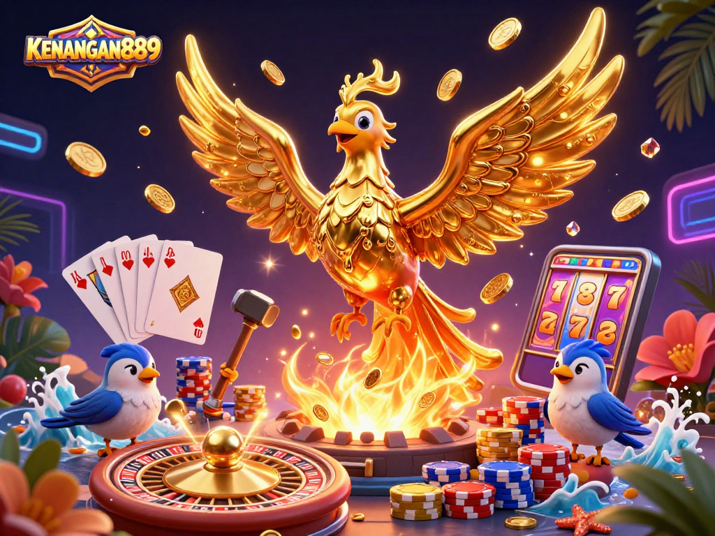 Engage with KENANGAN889's vibrant casino adventure featuring golden phoenix and casino elements.
