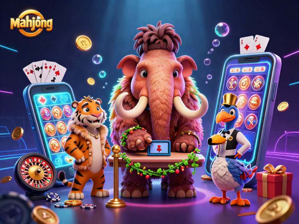 Engage in mahjong at a vibrant casino scene with a woolly mammoth bouncer and colorful slot games.