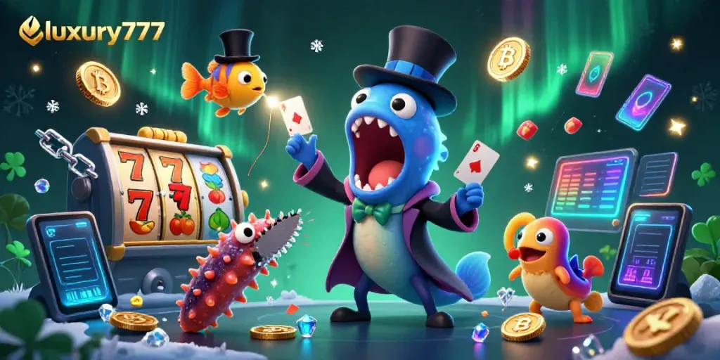 Experience luxury777 with a magical casino scene featuring vibrant slot reels and playful sea creatures.