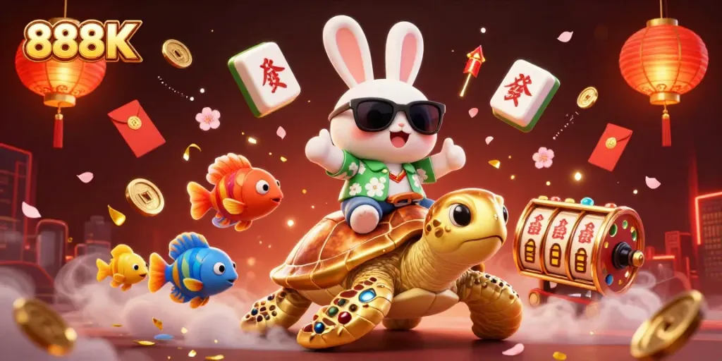 Experience the excitement of 888K with a vibrant illustration of a lucky rabbit and golden turtle amidst a dynamic casino scene.