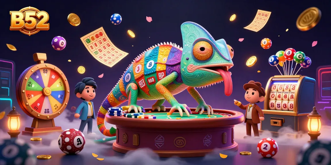 B52 chameleon casino owner captures golden coins amid a dynamic casino scene with vibrant games.