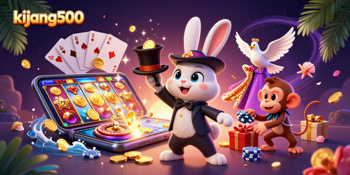 Join the action with kijang500 as a magical rabbit conjures coins amidst vibrant casino elements.
