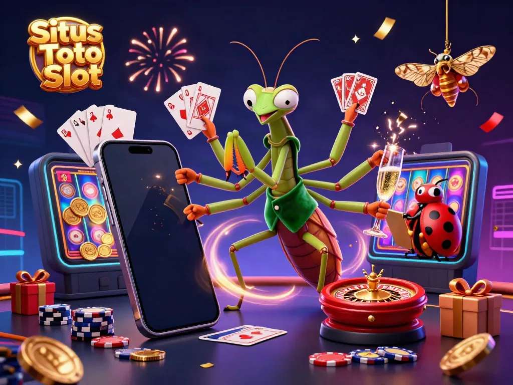 Permainan kasino menanti dengan Situs Toto Slot, menampilkan karakter menarik di atmosfer penuh warna.