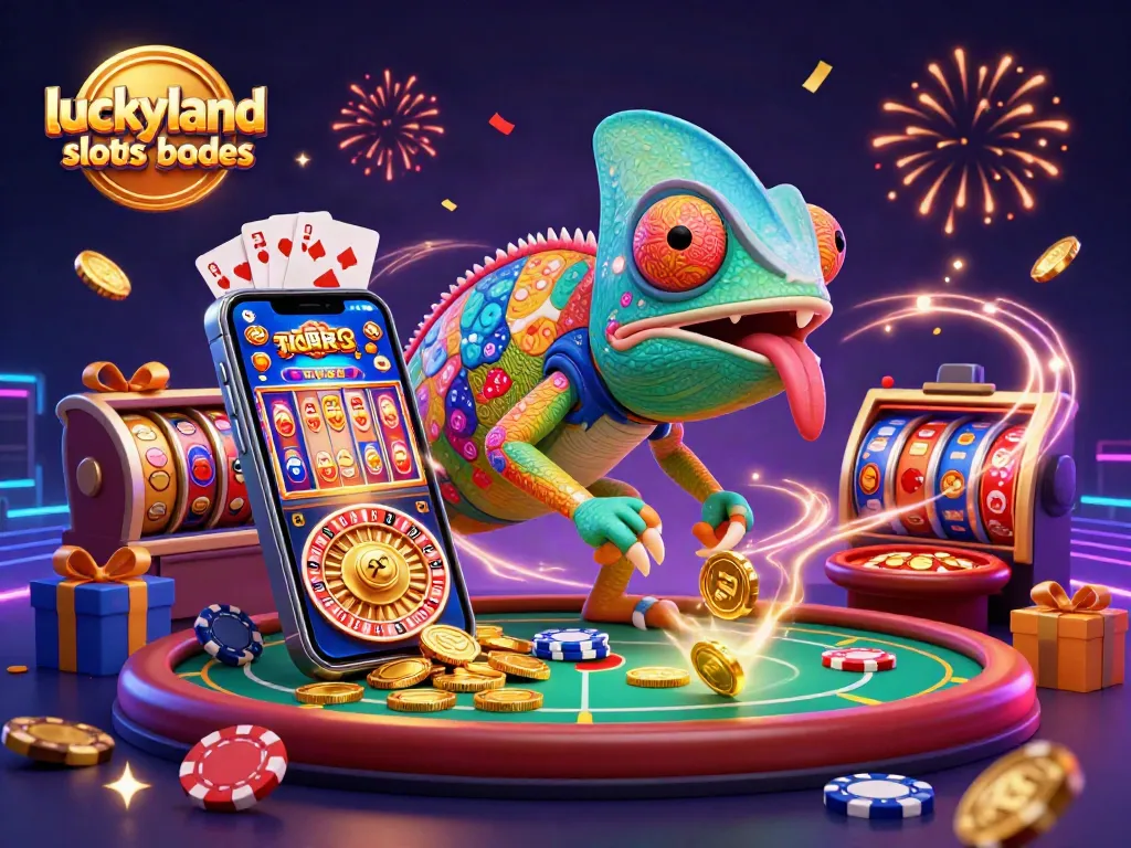 Engage with luckyland slots bonus codes through an exciting gaming scene featuring a chameleon casino owner.