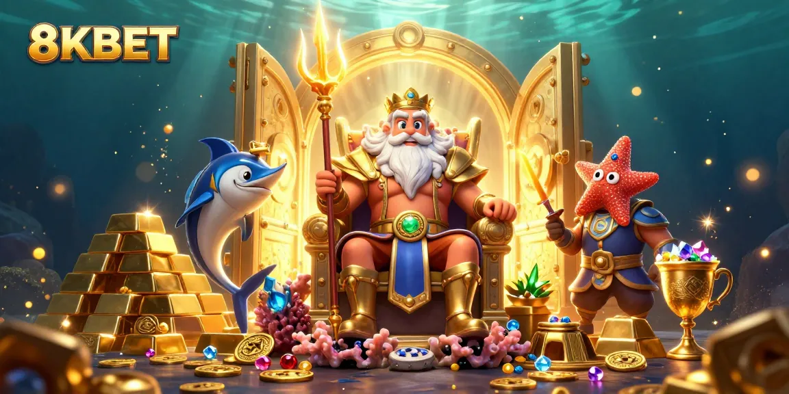 Win big at 8KBET with a vibrant scene showcasing Neptune surrounded by treasures and games.
