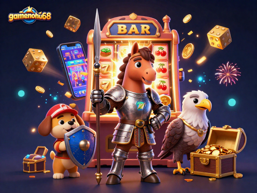 Experience epic gaming with gamenohu68 in this vibrant 3D casino illustration featuring knights and jackpots.