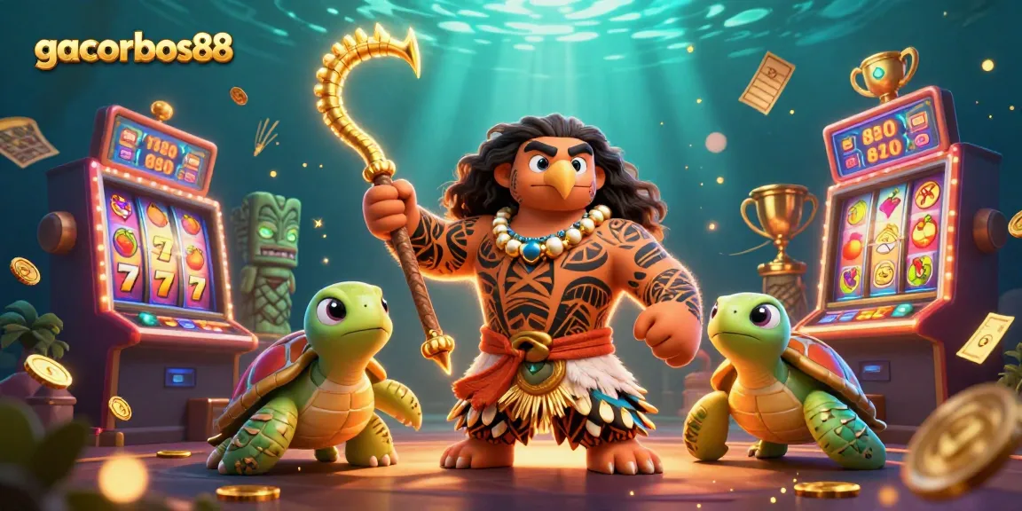 Engage with gacorbos88 slot action featuring a Polynesian demigod and vibrant slot elements.