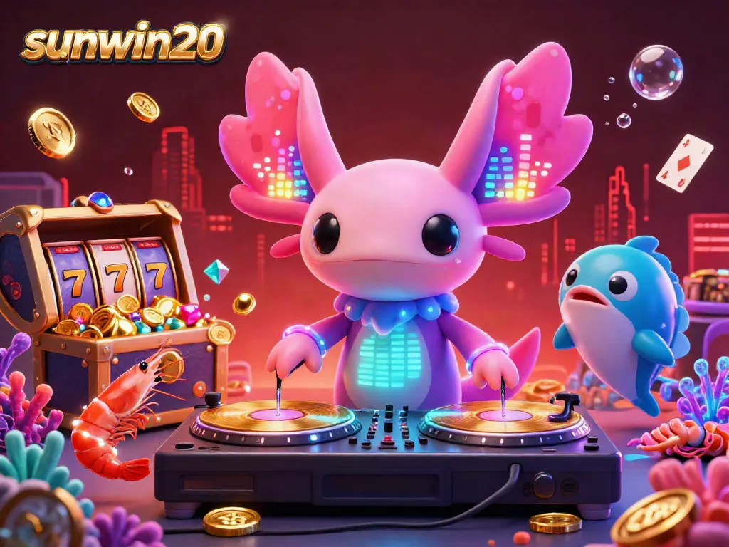 Experience vibrant gameplay with sunwin20, featuring a neon axolotl DJ and dancing shrimp in a rich underwater casino scene.