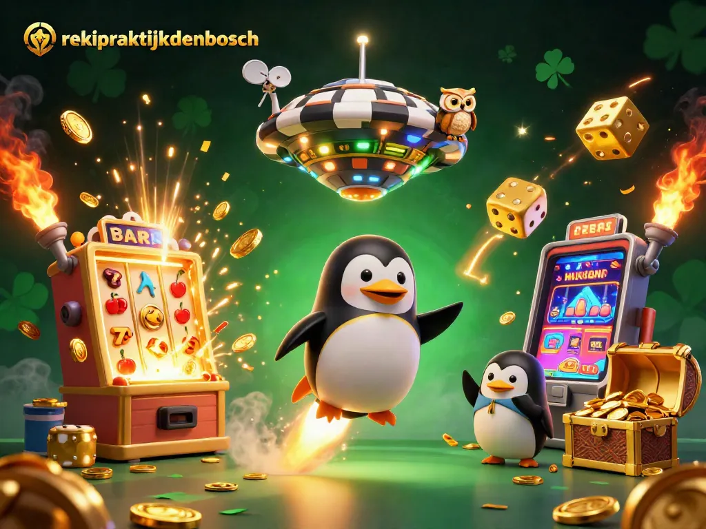 Reikipraktijkdenbosch menampilkan penguin emas bertenaga roket dalam ilustrasi kasino yang cerah.