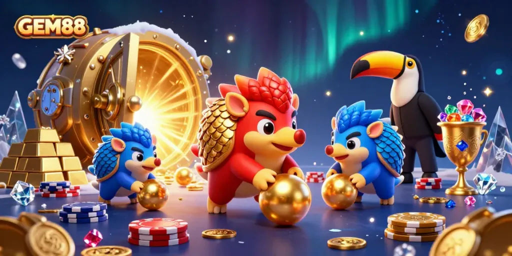 Experience thrilling gambling action at GEM88 with vibrant pangolins and treasures in a dynamic casino scene.