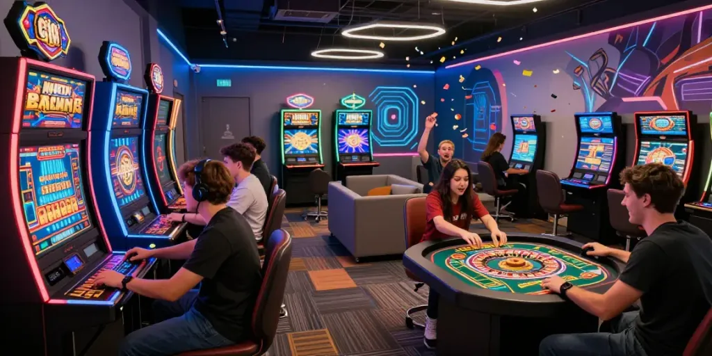 Crypto Casino scene with players enjoying engaging games and vibrant ambiance.