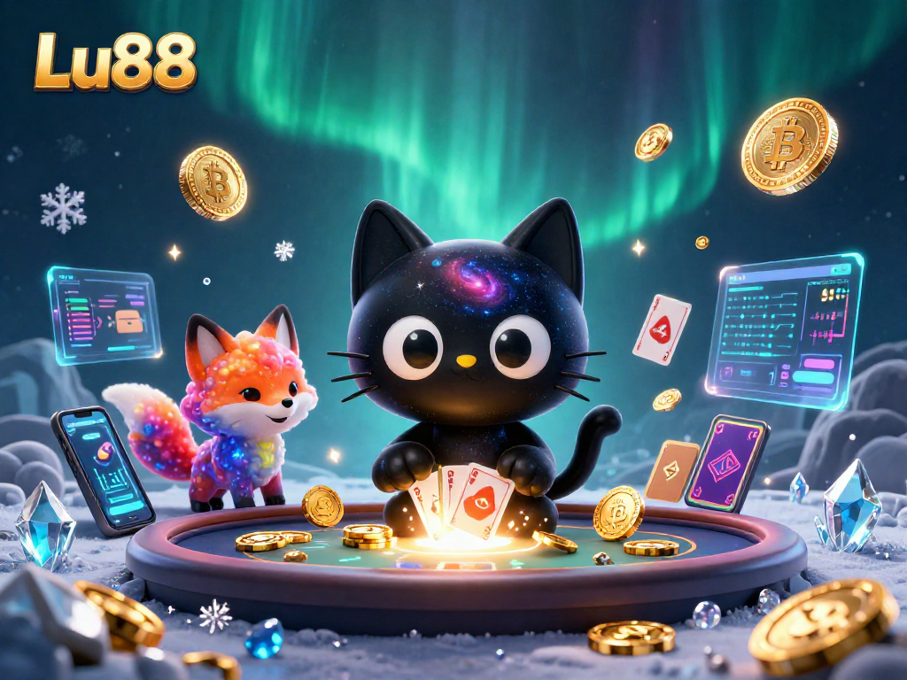 Experience the excitement of Lu88 with a cosmic casino scene featuring a swirling black hole cat and nebula fox.