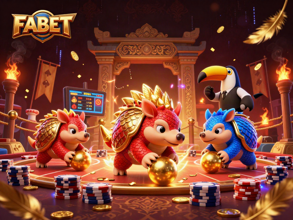 FABET pangolins roll golden balls through poker chips in a vibrant casino arena.