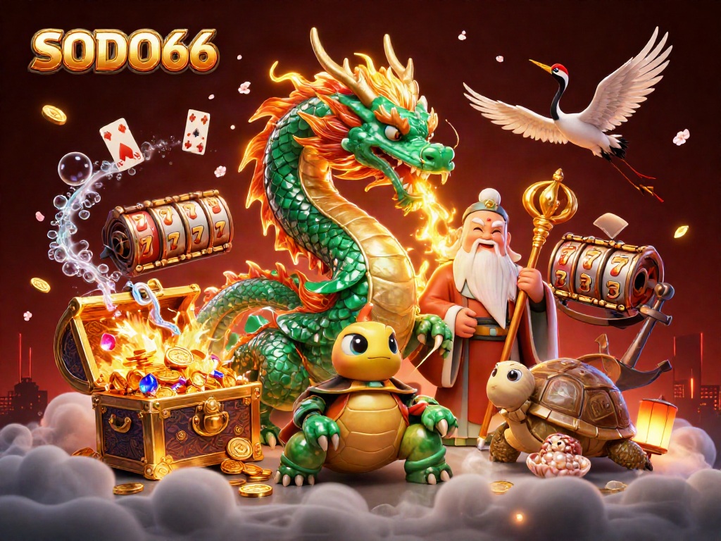 Engage with SODO66 in a vibrant casino scene featuring a jade dragon, turtle sage, and dynamic slot elements.