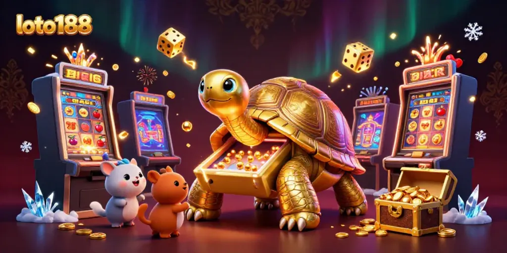 Experience thrilling gameplay with loto188 in a colorful 3D mayhem of slot machines and golden treasures.