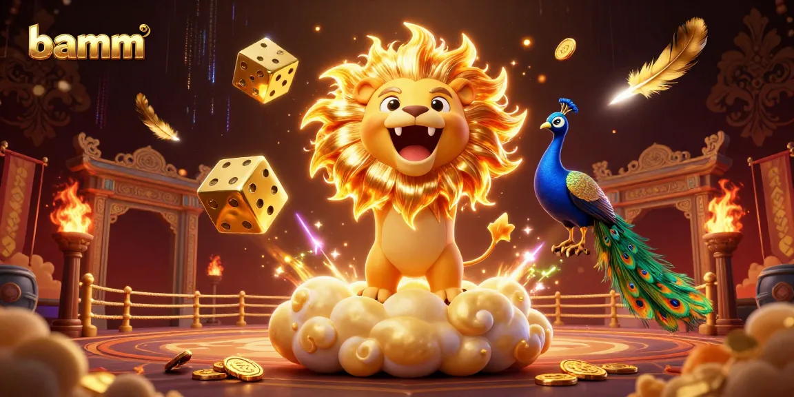 Engage in thrilling gaming adventures at bamm with a sun lion and golden dice in a vibrant casino scene.