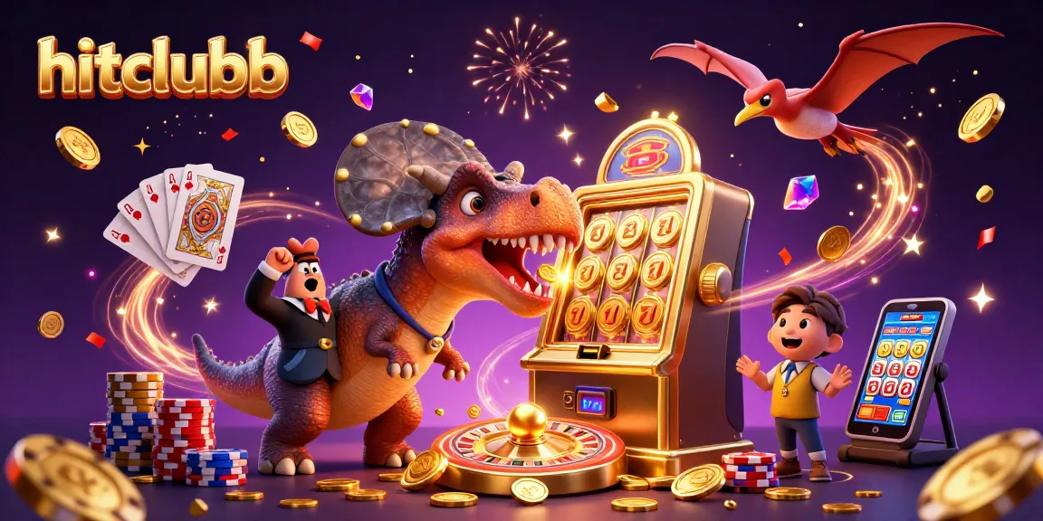 Hitclubb showcases a pachycephalosaurus winning a jackpot at a golden slot machine, surrounded by flying coins.