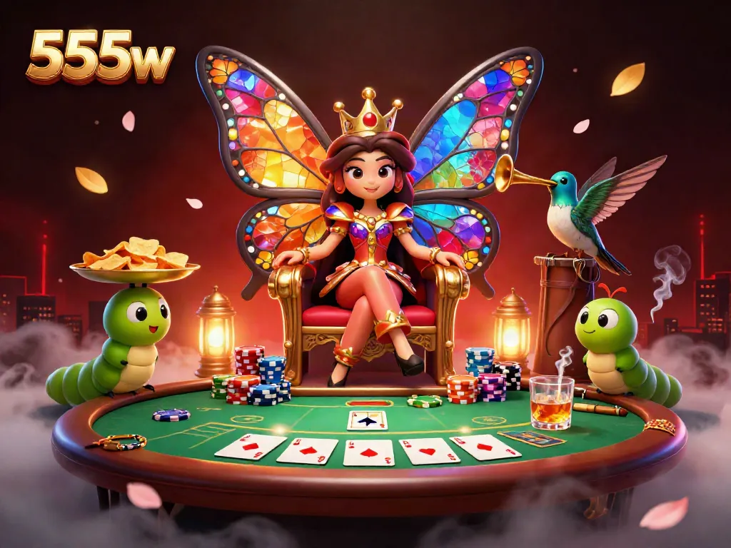 Experience vibrant casino excitement with 555w, featuring a butterfly queen amidst poker chips and playing cards.